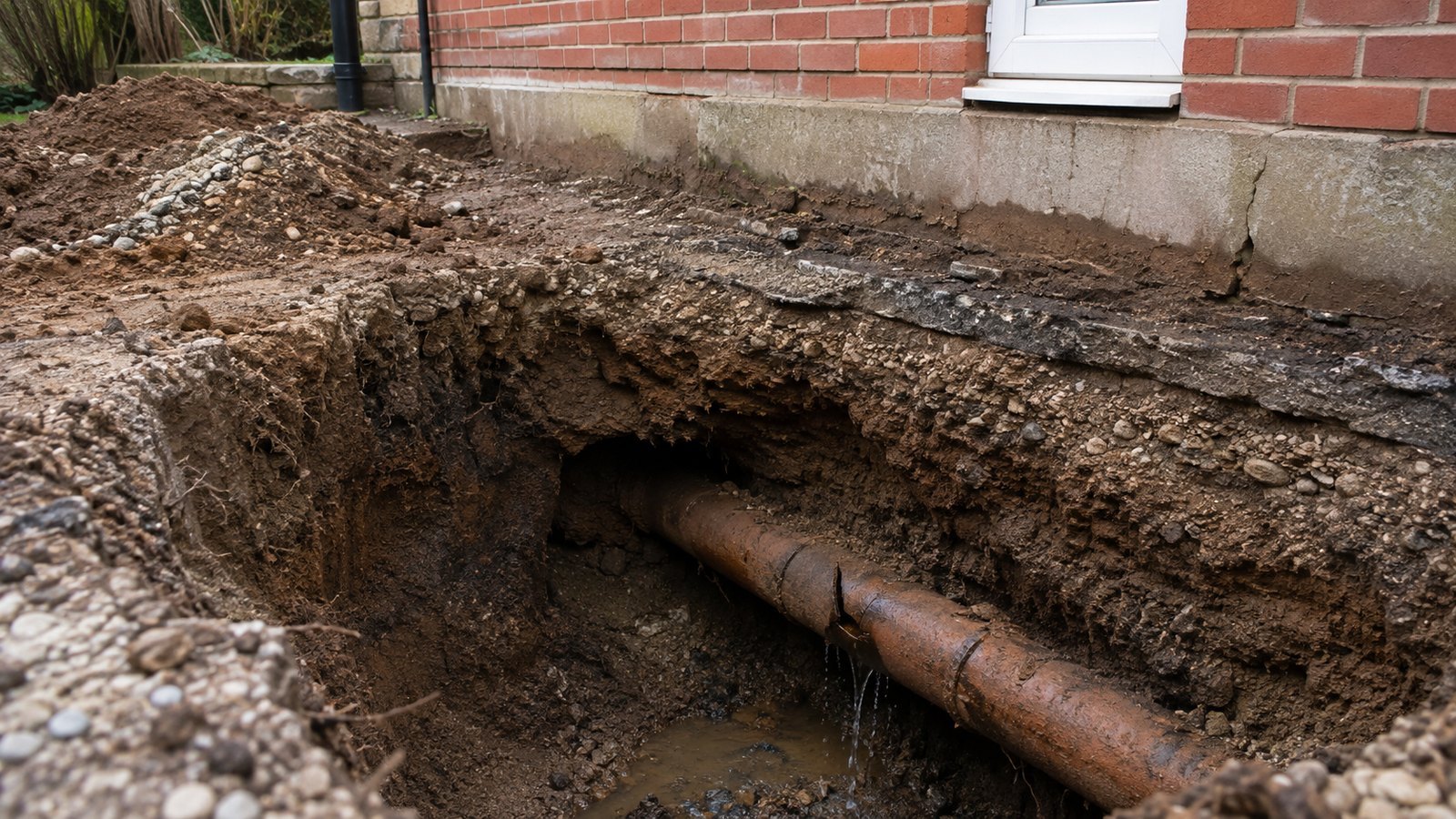 Excavated leaking drain beside a house with local loss of supporting soil